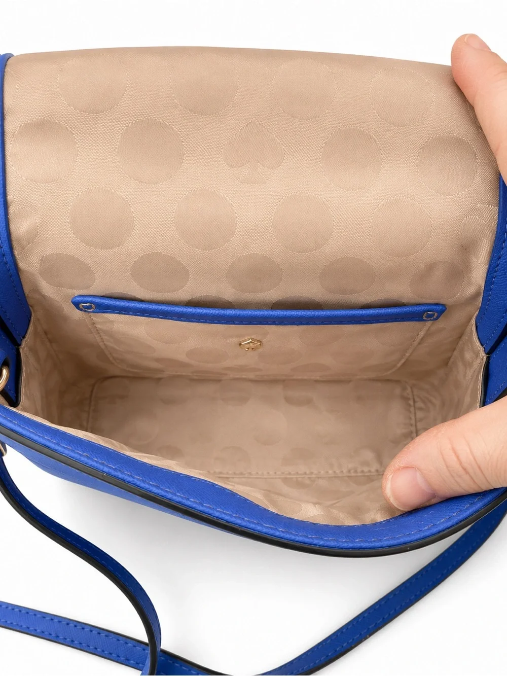 kate spade cobalt blue saffiano crossbody with gold logo